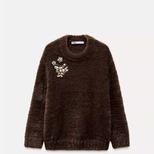 Zara Dark Brown Fuzzy Sweater with Floral Embellishments